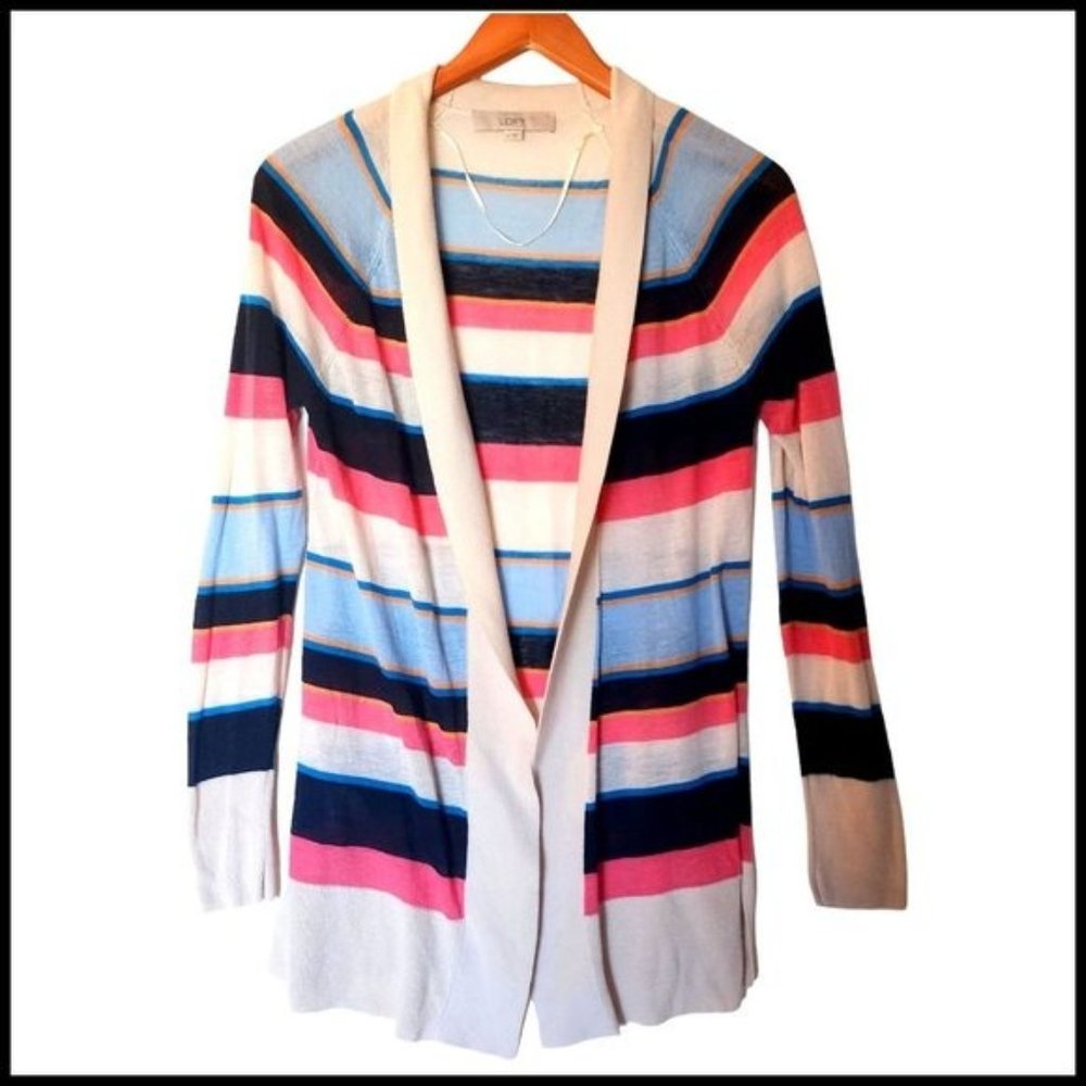 LOFT Ann Taylor Striped Lightweight Cardigan M Medium Open Front Blue Coral
